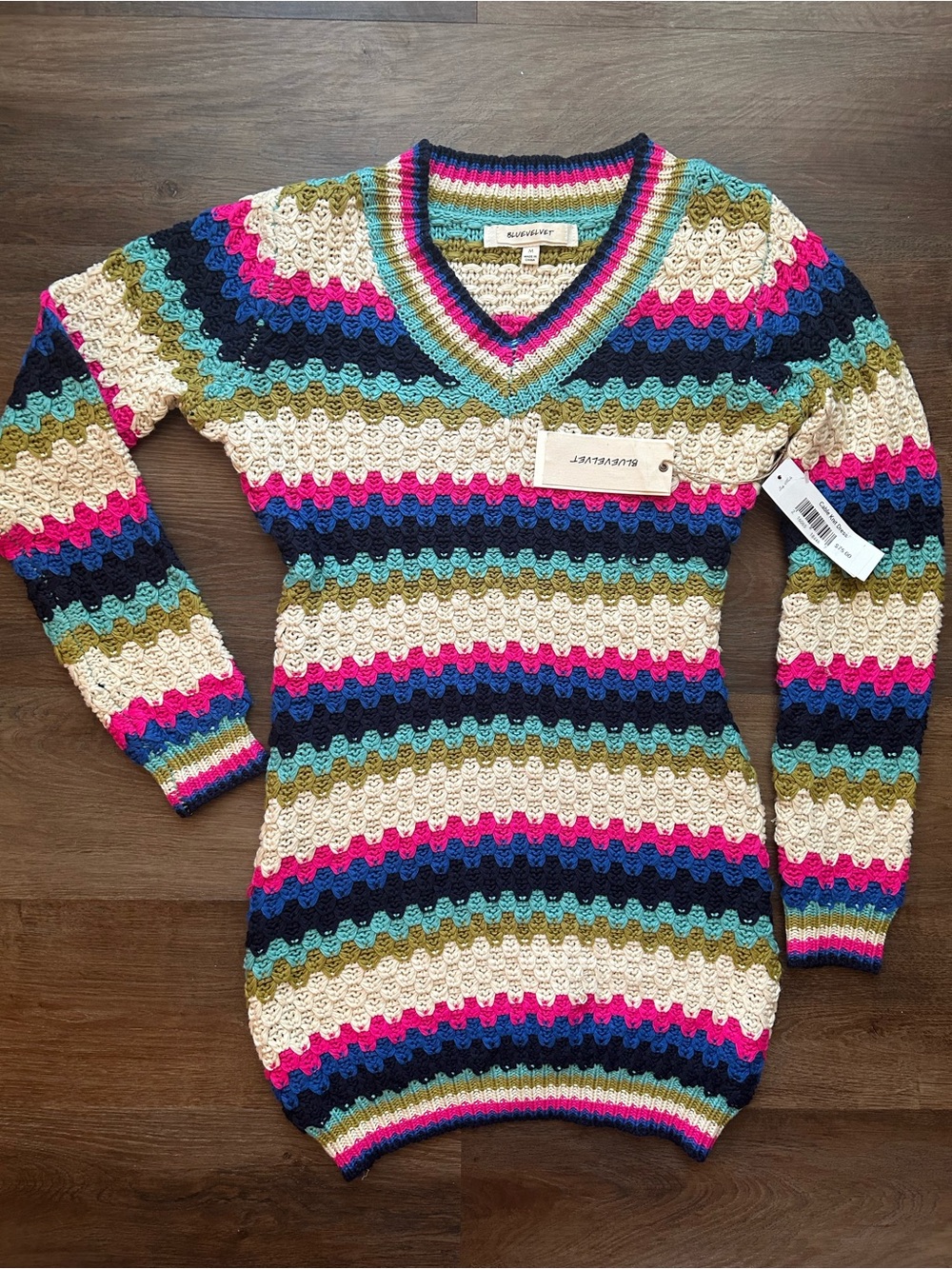 Blue Velvet Crochet Knit Sweater Dress NWT Women's Medium Colorful Striped Boho